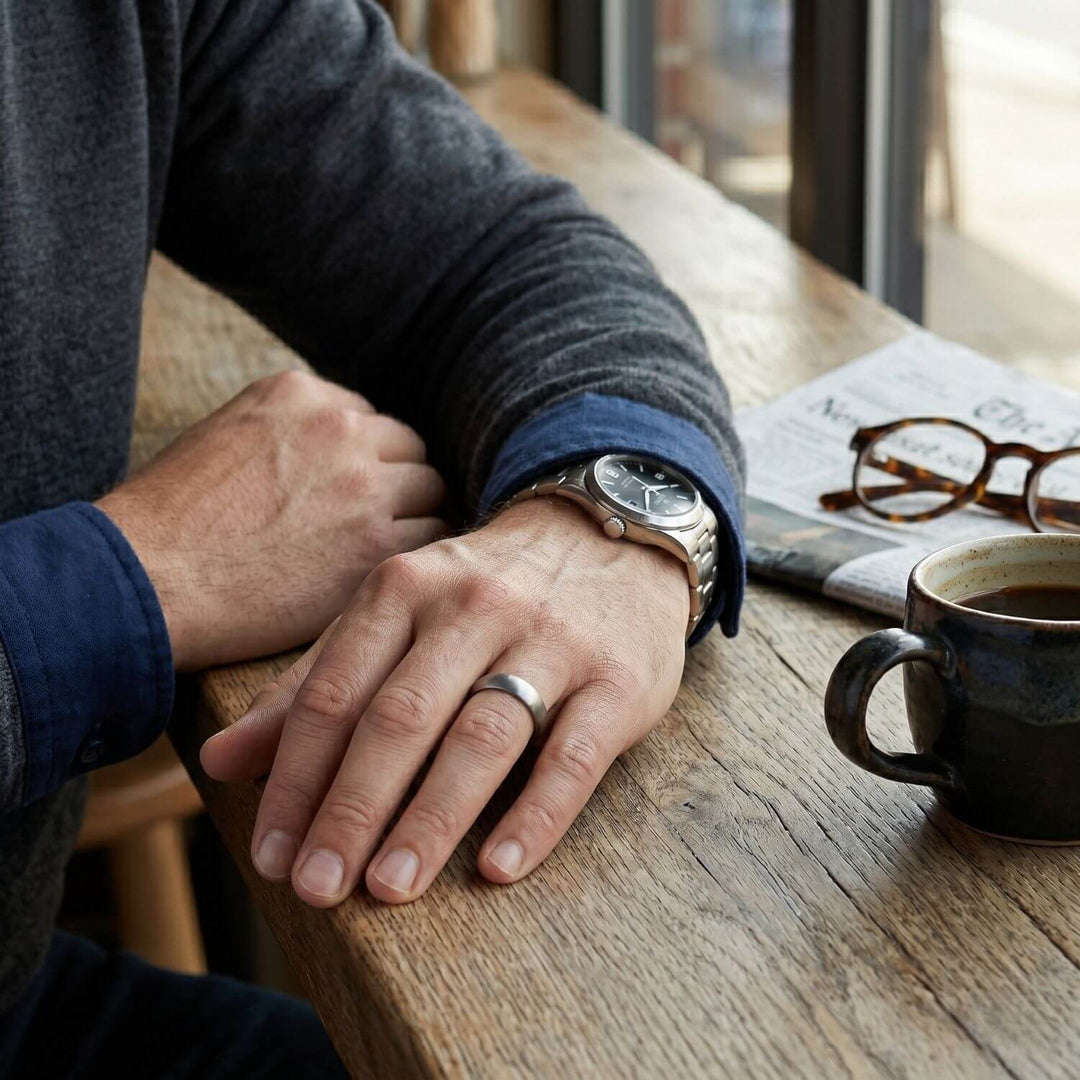 Man wearing stainless steel EMF protection ring