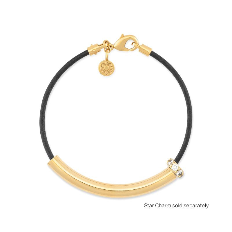 18k gold EMF bracelet in black leather with charms