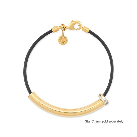 18k gold EMF bracelet in black leather with charms